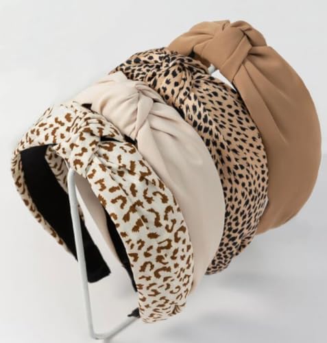Knotted Fashion Hairbands and Hair Hoops: Non-Slip Top Knot Headbands with Leopard Print for Women and Girls - 4PCS Beige Brown Hair Accessories Set : Beauty & Personal Care
