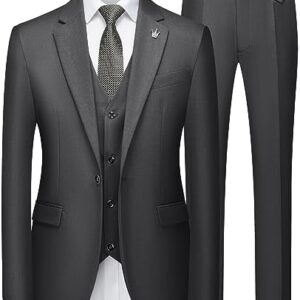 MAGE MALE Mens Suits Slim Fit 3 Piece Tuxedo Suit One Button Solid Prom Wedding Party Blazer Vest Pants Set with Tie Dark Grey at Amazon Men’s Clothing store