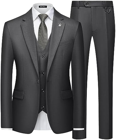MAGE MALE Mens Suits Slim Fit 3 Piece Tuxedo Suit One Button Solid Prom Wedding Party Blazer Vest Pants Set with Tie Dark Grey at Amazon Men’s Clothing store